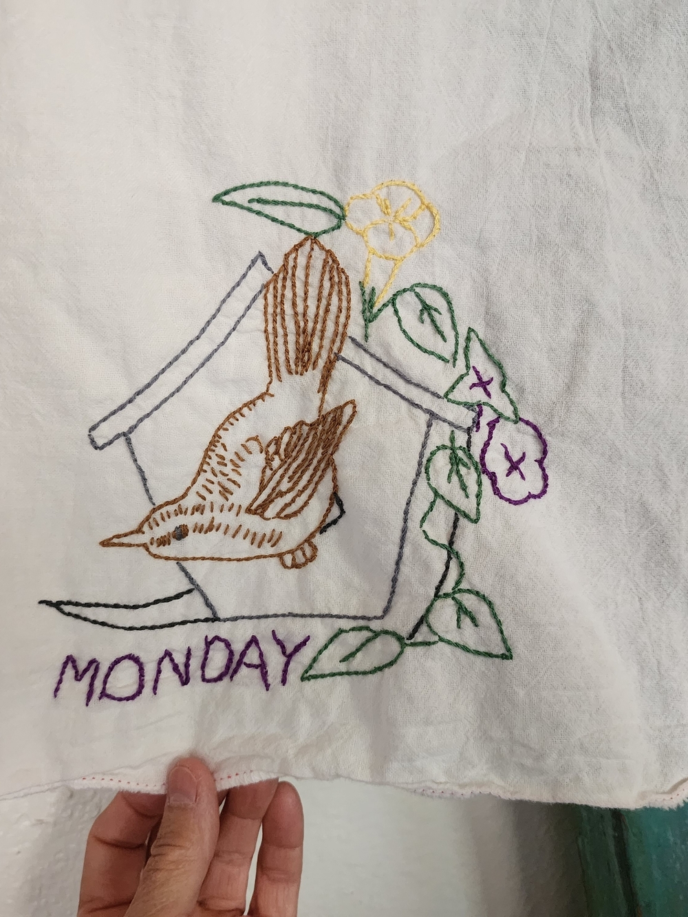 8 Vintage Embroidered Birds & Day Of The Week White Tea Towels